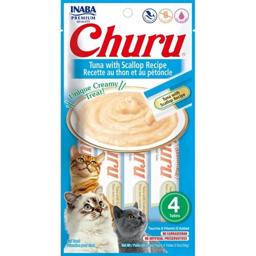 Inaba Churu Cat Snack Püree Thunfisch mit Jakobsmuscheln, Katzenfutter 4x 14g