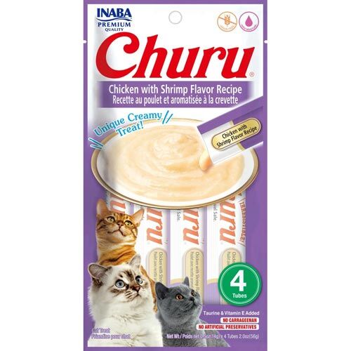Inaba Churu Cat Snack Püree Huhn mit Garnelen, Katzenfutter 4x 14g
