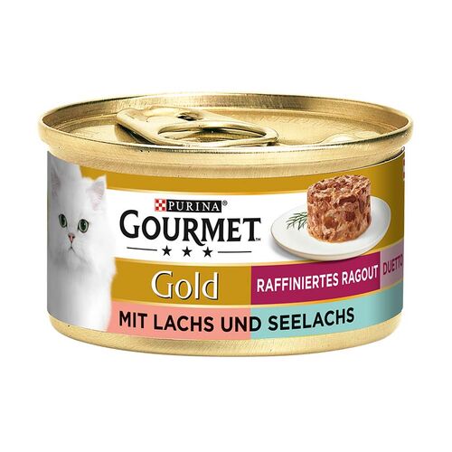 Purina Gourmet Gold mit Lachs & Seelachs raffiniertes Ragout Duetto, Katzennassfutter 85g