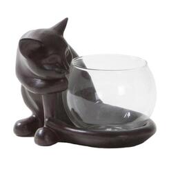 Happy-House: Teelichthalter Katze mit Glas braun 13,5x13,12cm