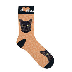 Plenty Gifts Socks Cat Black, Socken Gr. 33-38, orange, schwarze Katze Motiv