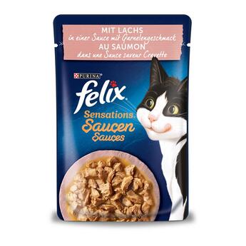 Felix Sensations Saucen mit Lachs und Garnelengeschmack, Nassfutter für Katzen 85g